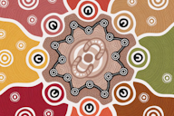 An abstract artwork inspired by Indigenous art styles, featuring interconnected patterns and shapes in earth tones like red, brown, orange, green, and yellow. The design includes circular motifs, concentric patterns, and dotted lines, symbolising community and connection.